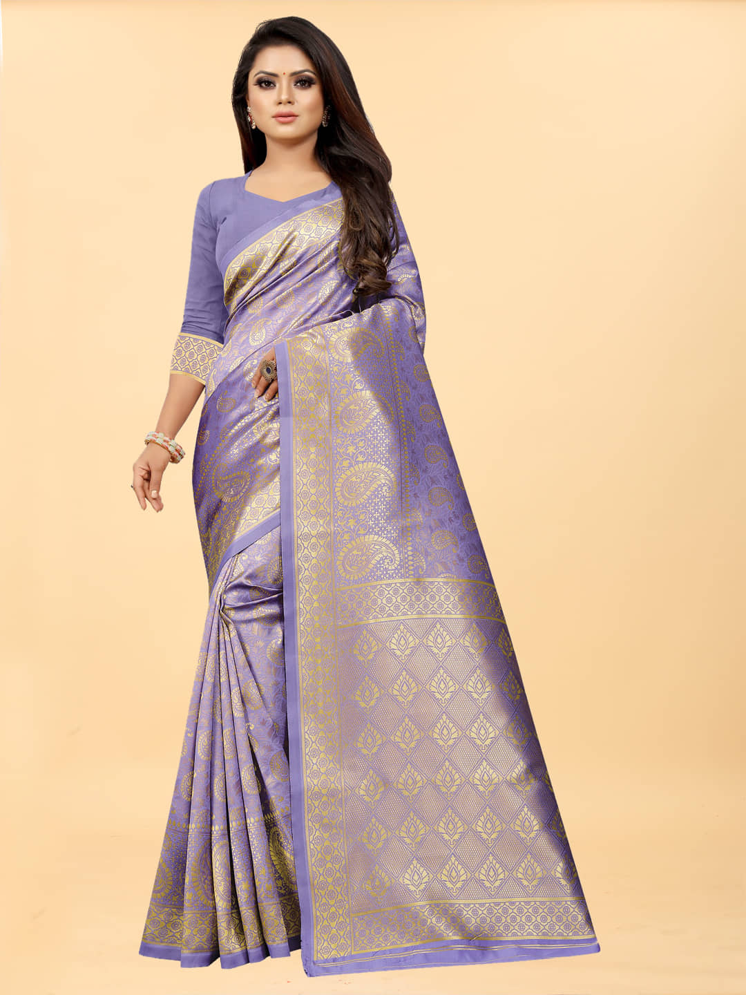 Gazal Fashions Banarasi Silk Embellished Saree With Unstitched Blouse Piece ( Purple ) - Sarees | Buy online on ZillyBuy