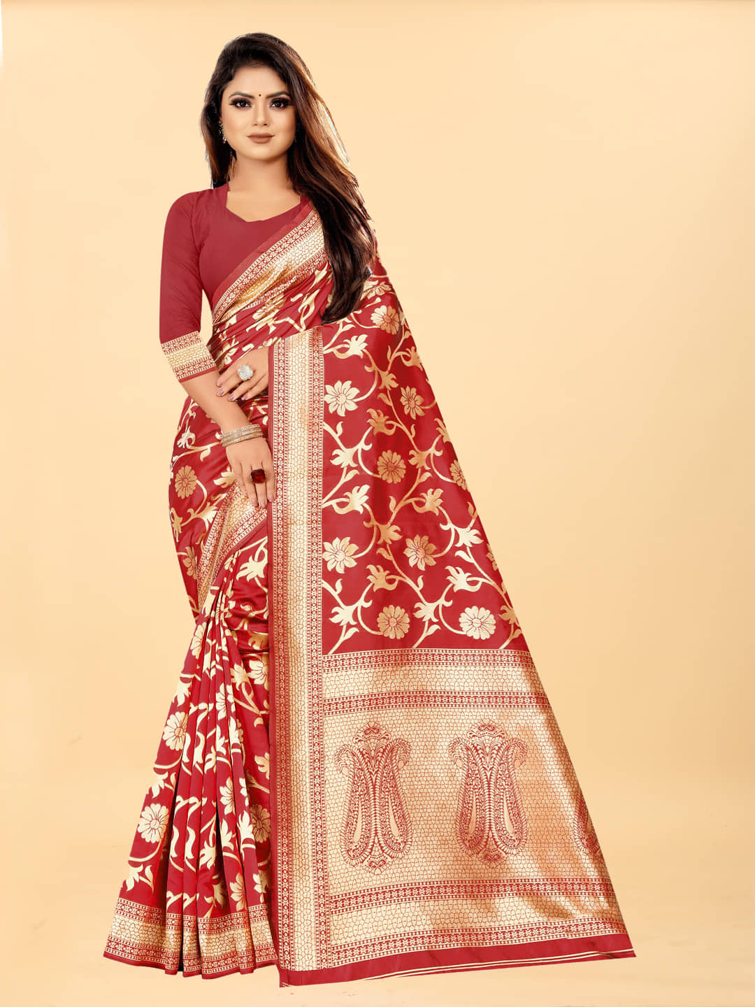 Gazal Fashions Banarasi Silk Embellished Saree With Unstitched Blouse Piece ( Red ) - Sarees | Buy online on ZillyBuy