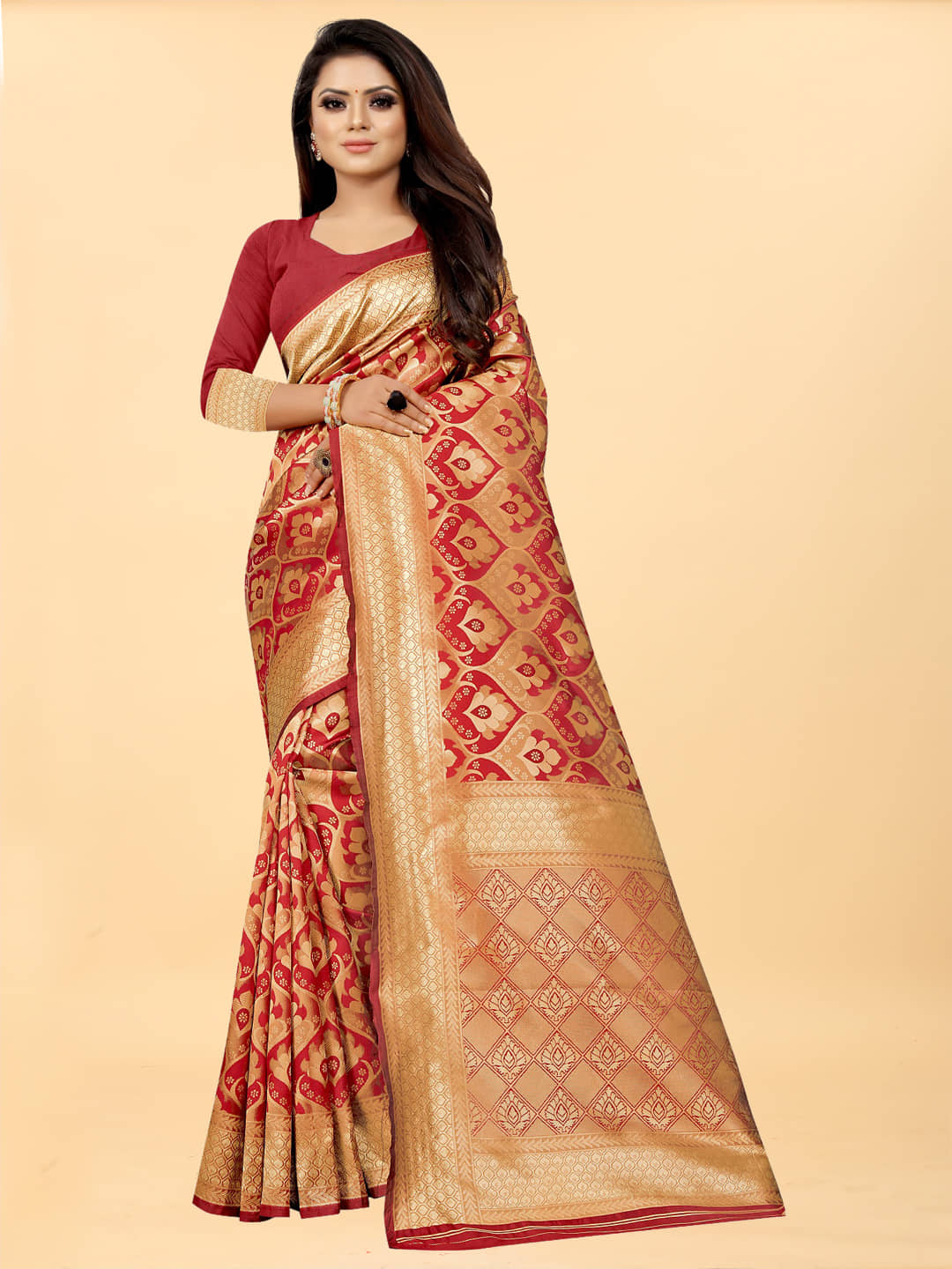 Gazal Fashions Banarasi Silk Embellished Saree With Unstitched Blouse Piece ( Red ) - Sarees | Buy online on ZillyBuy
