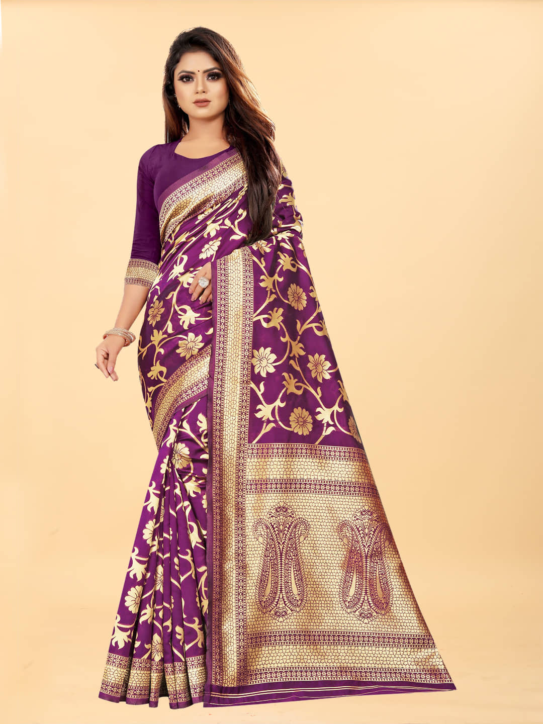 Gazal Fashions Banarasi Silk Embellished Saree With Unstitched Blouse Piece ( Wine ) - Sarees | Buy online on ZillyBuy