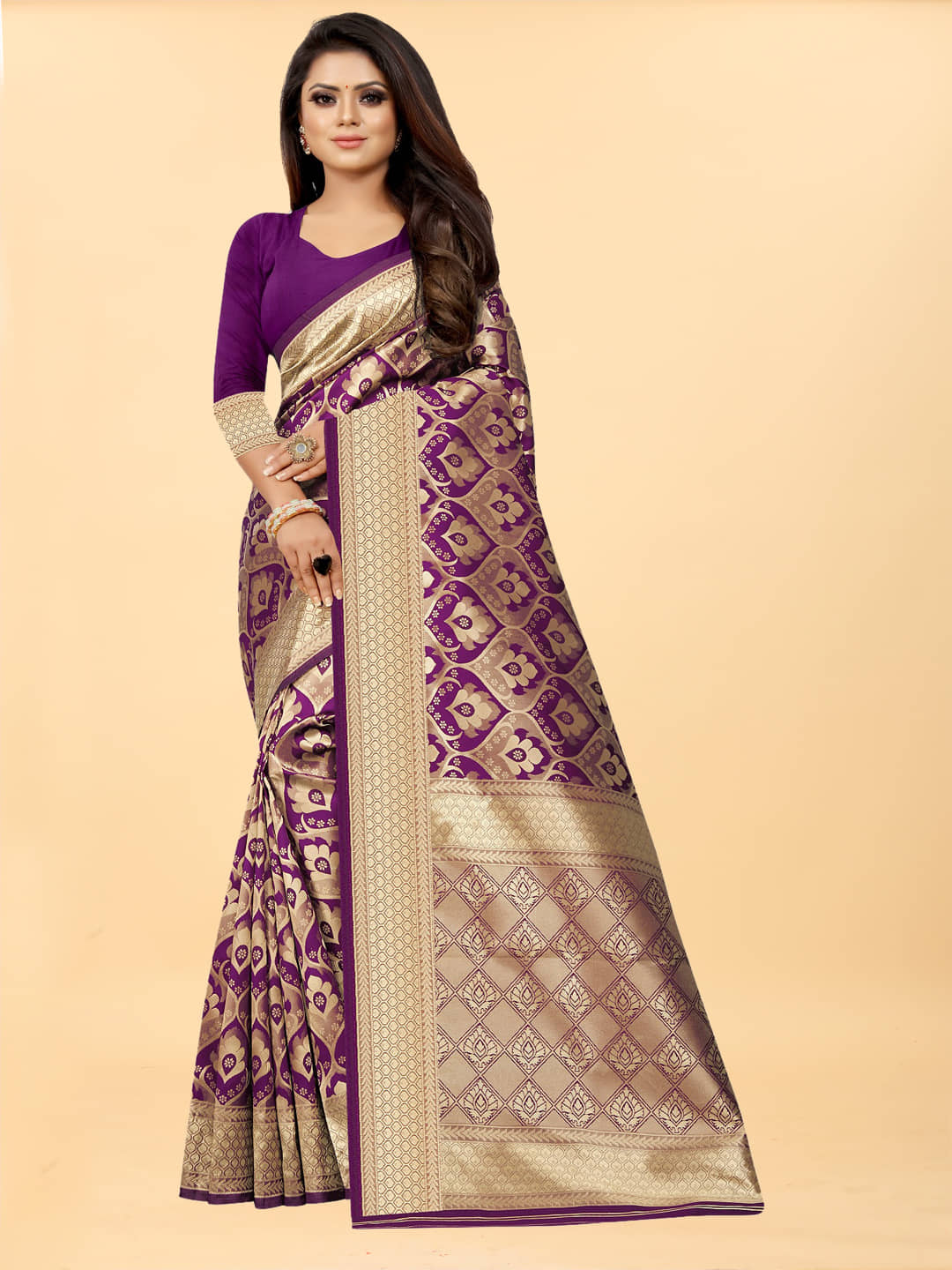 Gazal Fashions Banarasi Silk Embellished Saree With Unstitched Blouse Piece ( Wine ) - Sarees | Buy online on ZillyBuy