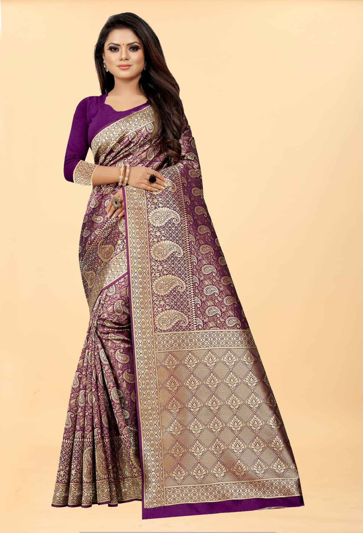 Gazal Fashions Banarasi Silk Embellished Saree With Unstitched Blouse Piece ( Wine ) - Sarees | Buy online on ZillyBuy