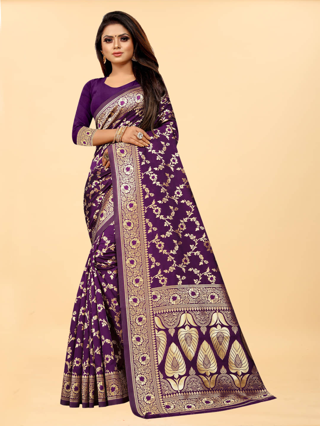 Gazal Fashions Banarasi Silk Embellished Saree With Unstitched Blouse Piece ( Wine ) - Sarees | Buy online on ZillyBuy