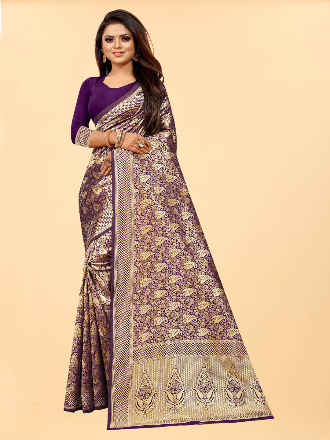 Gazal Fashions Banarasi Silk Embellished Saree With Unstitched Blouse Piece ( Wine ) - Sarees | Buy online on ZillyBuy