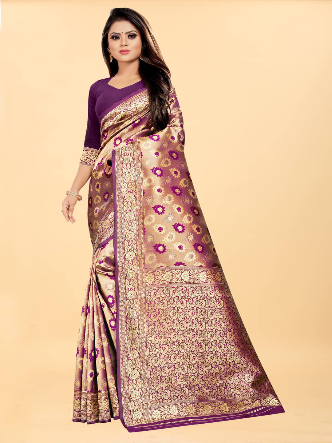 Gazal Fashions Banarasi Silk Embellished Saree With Unstitched Blouse Piece ( Wine ) - Sarees | Buy online on ZillyBuy