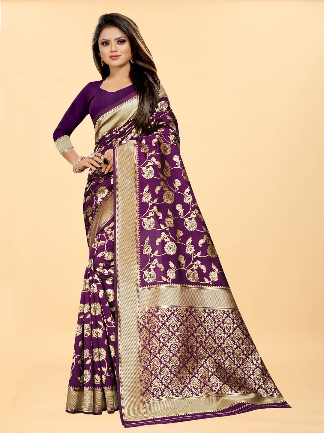 Gazal Fashions Banarasi Silk Embellished Saree With Unstitched Blouse Piece ( Wine ) - Sarees | Buy online on ZillyBuy