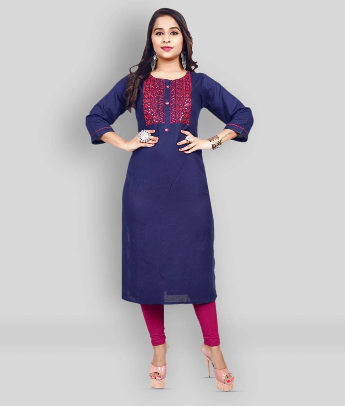 Tazurba Rayon Embroidered 3/4th Sleeves Straight Blue Kurti Single Tazurba Rayon Embroidered 3/4th Sleeves Straight Blue Kurti Single