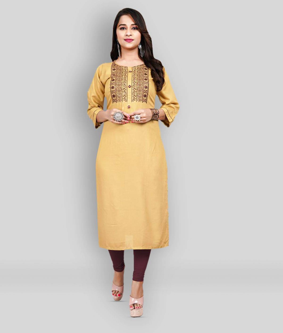     			Tazurba Rayon Embroidered 3/4th Sleeves Straight Beige Kurti Single