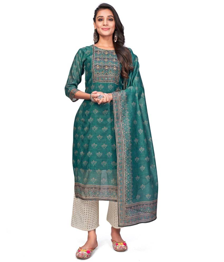     			Vbuyz - Turquoise Chanderi Women's Straight Kurti ( Pack of 1 )