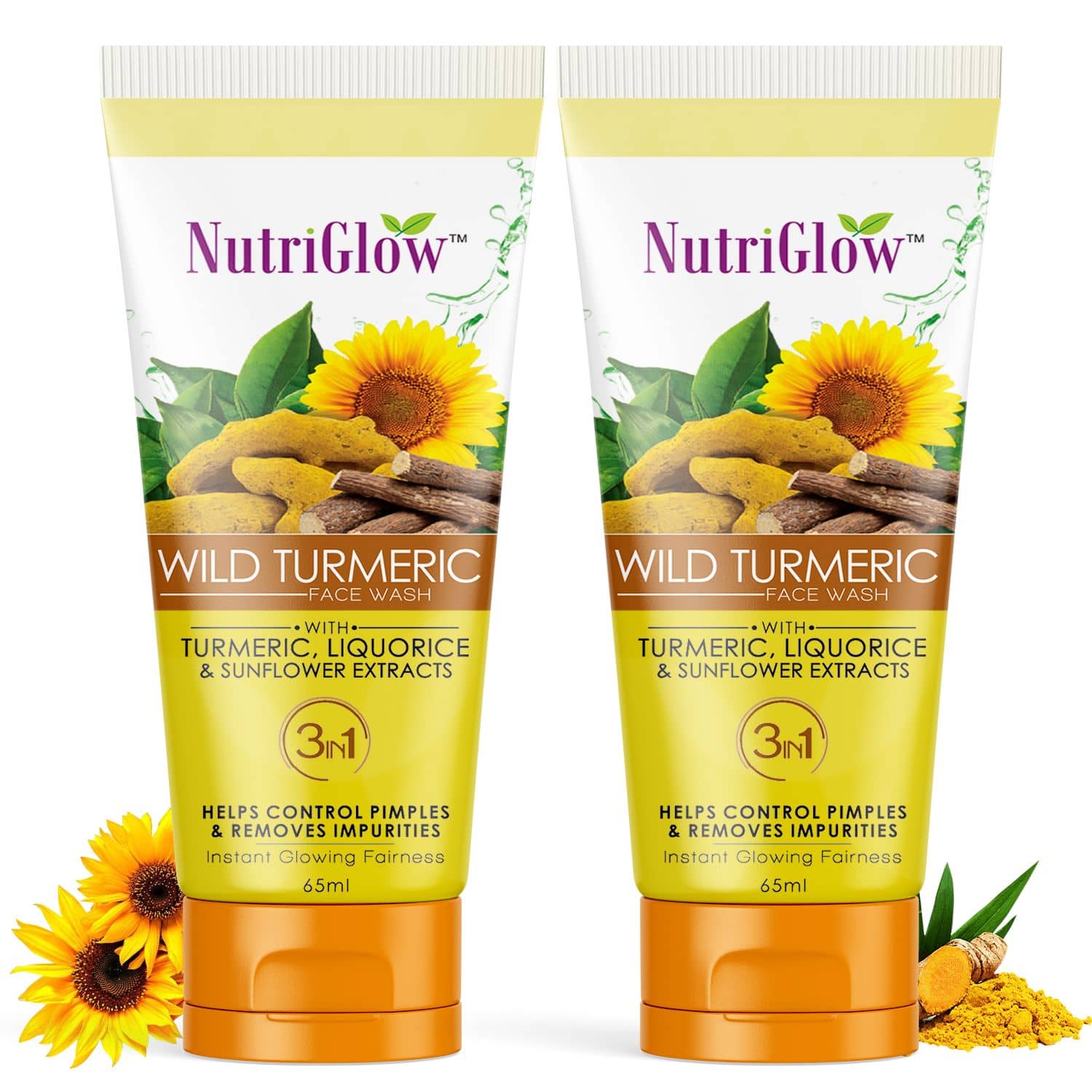 NutriGlow Wild Turmeric Natural Face Wash for Dry Skin, Tan Removal and Skin brightening, For Glowing Skin, 65ml Each, (Pack of 2)