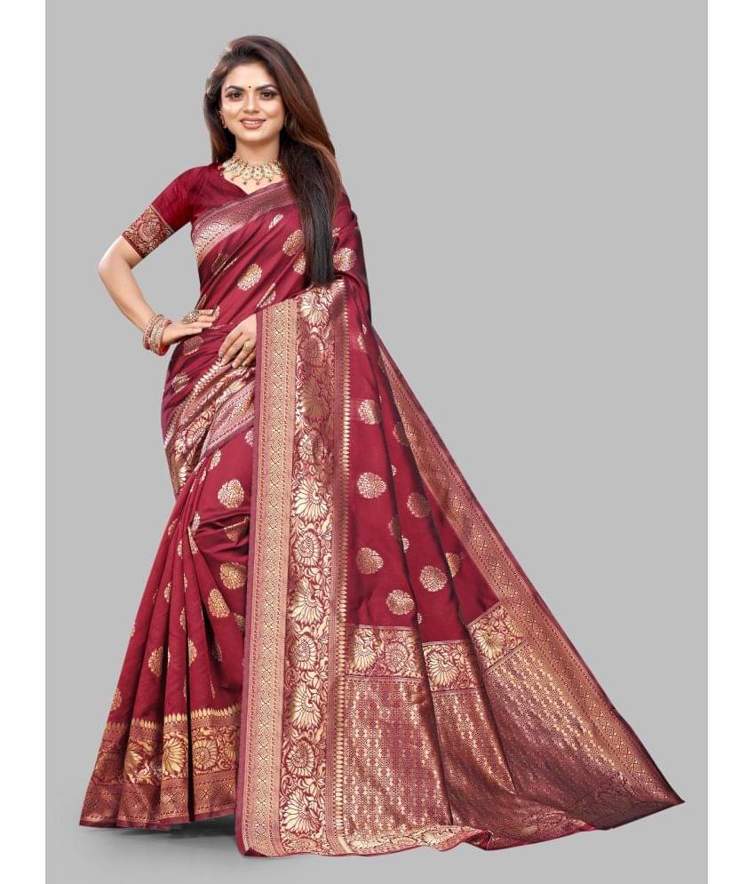     			Gazal Fashions Banarasi Silk Embellished Saree With Unstitched Blouse Piece ( Maroon )