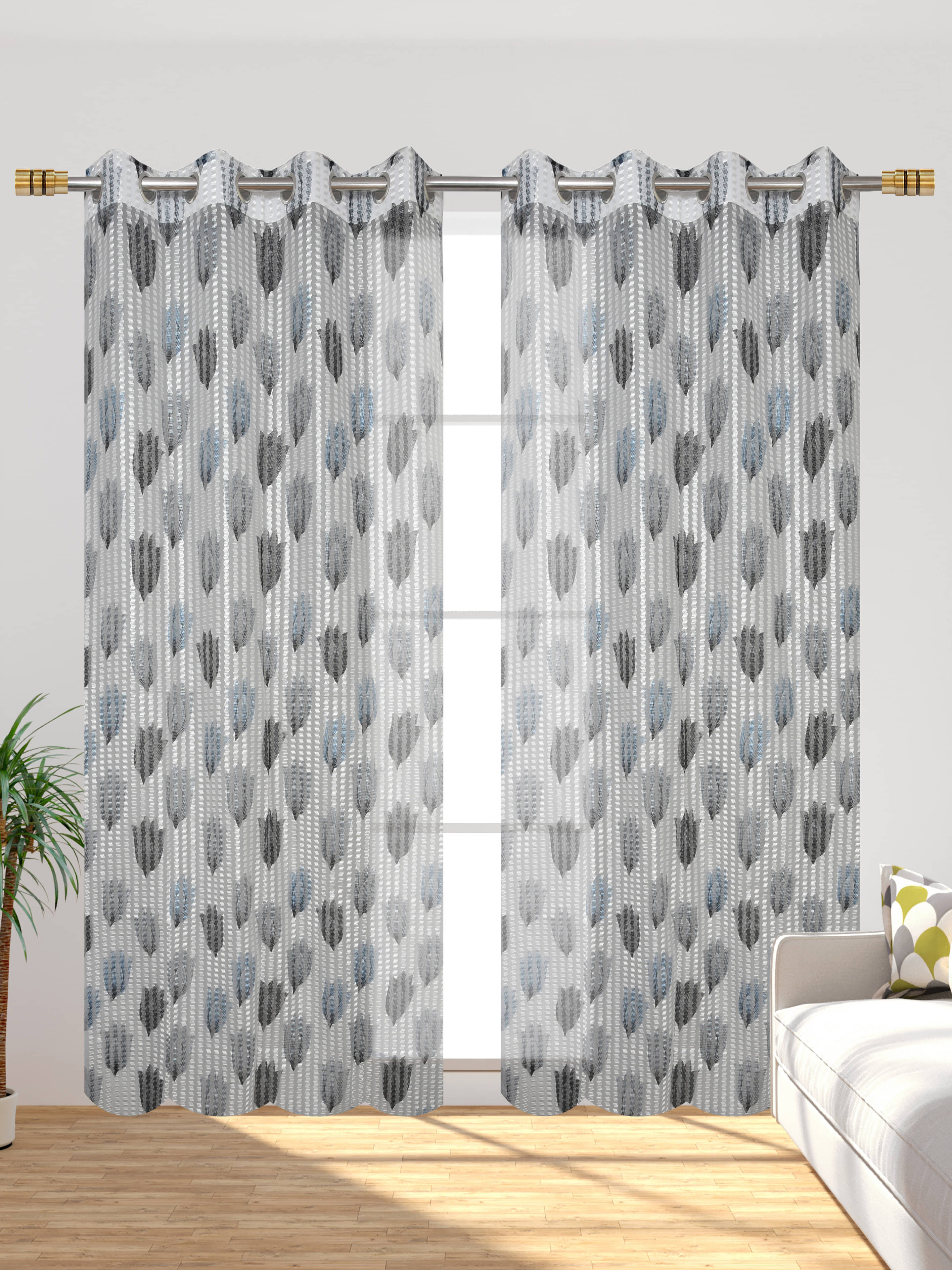 Homefab India Printed Semi-Transparent Eyelet Door Curtain 7ft (Pack of 2) - Light Grey