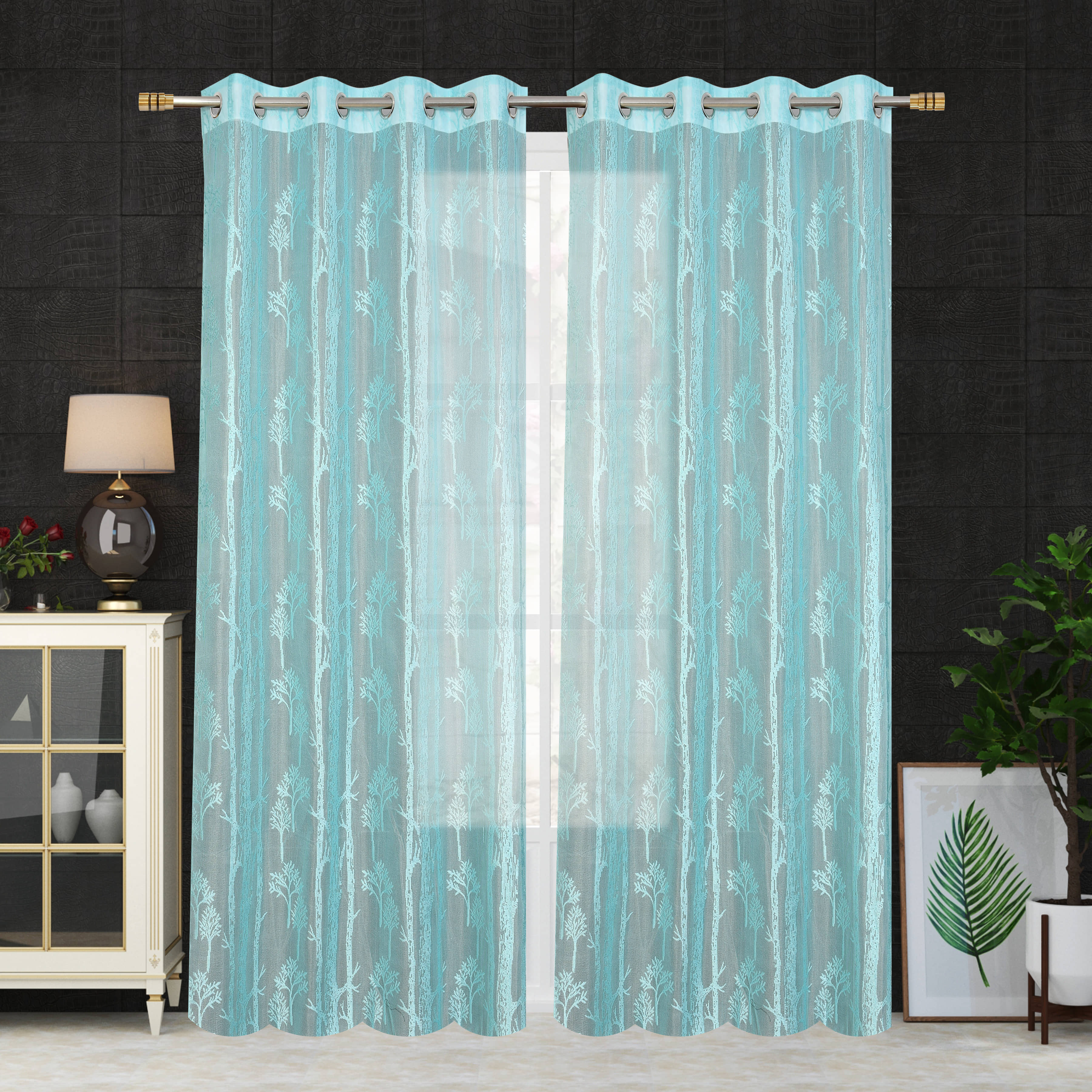 Homefab India SelfDesign Semi-Transparent Eyelet Door Curtain 7ft (Pack of 2) - Turquoise
