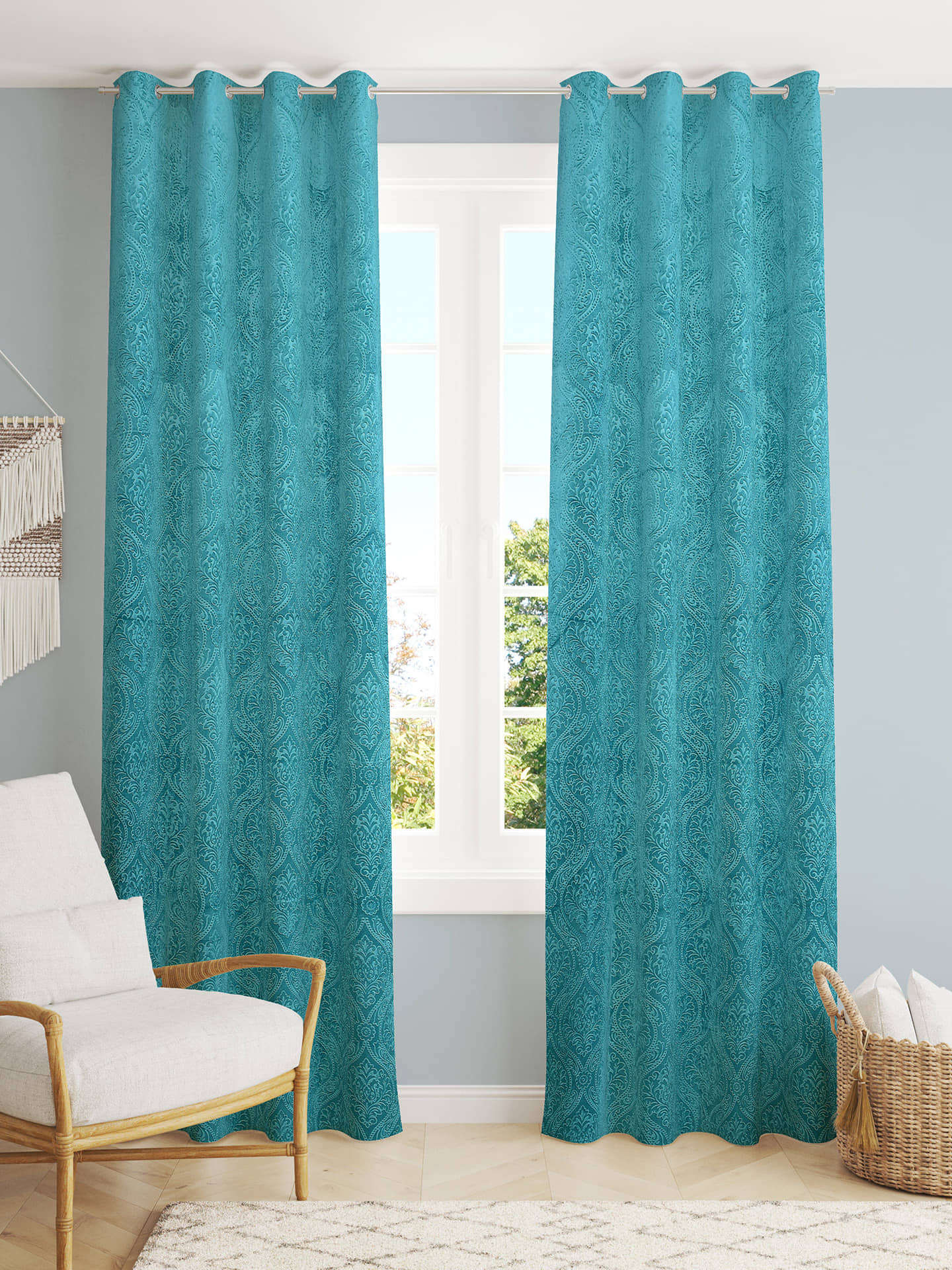 Homefab India SelfDesign Blackout Eyelet Long Door Curtain 9ft (Pack of 2) - Turquoise