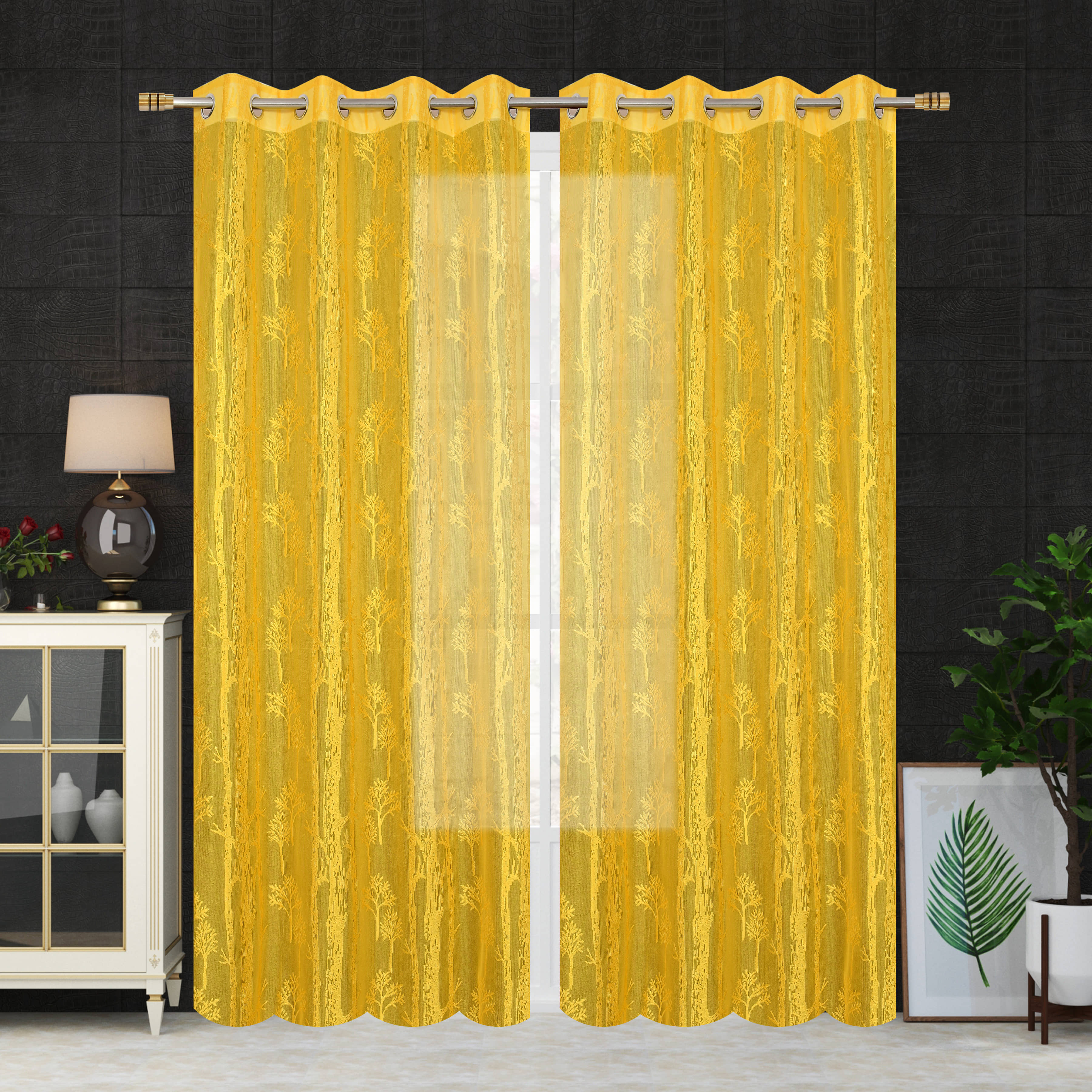 Homefab India SelfDesign Semi-Transparent Eyelet Door Curtain 7ft (Pack of 2) - Yellow