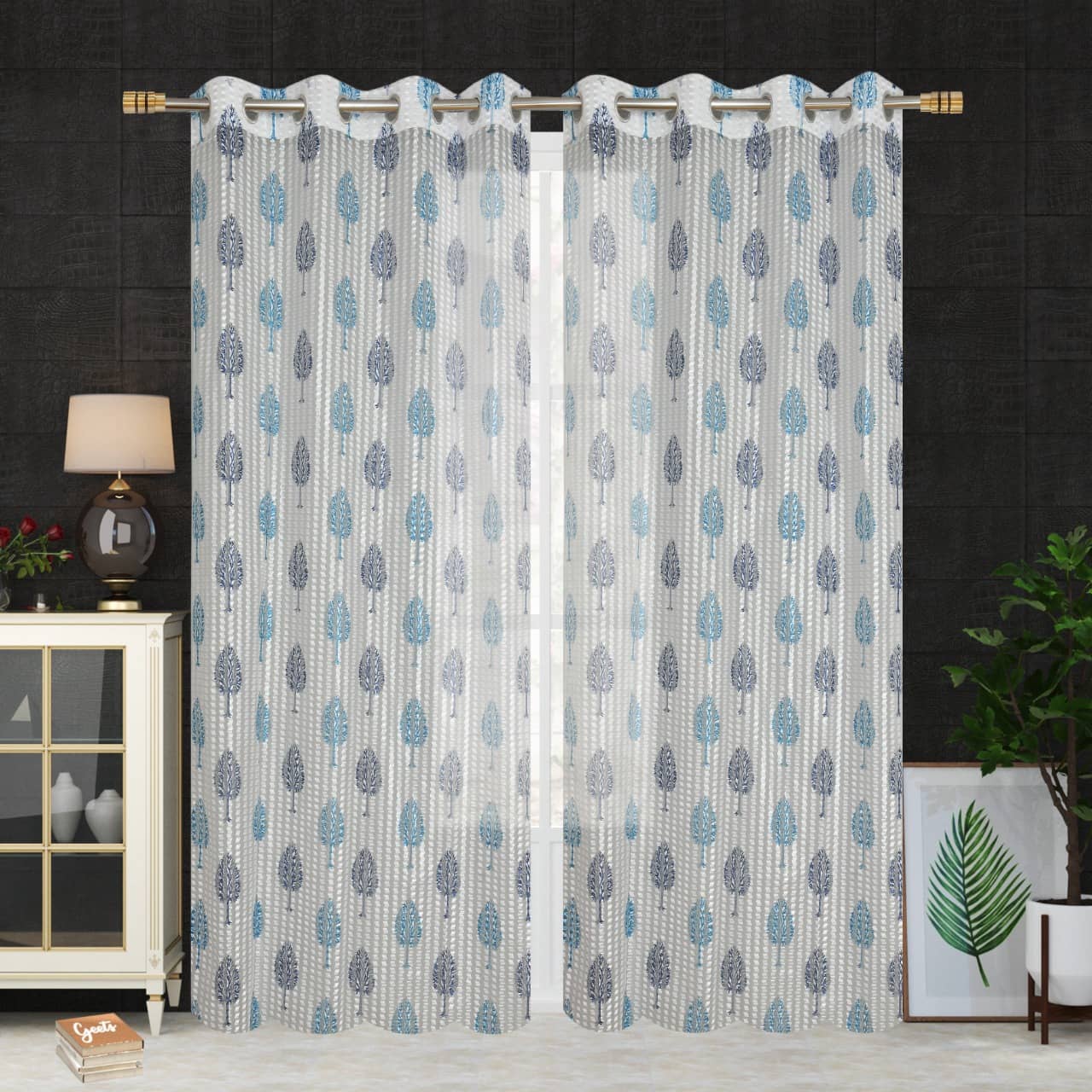 Homefab India Printed Transparent Eyelet Window Curtain 5ft (Pack of 2) - Blue