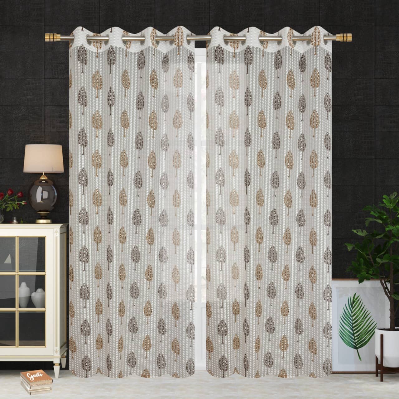 Homefab India Printed Transparent Eyelet Door Curtain 7ft (Pack of 2) - Brown