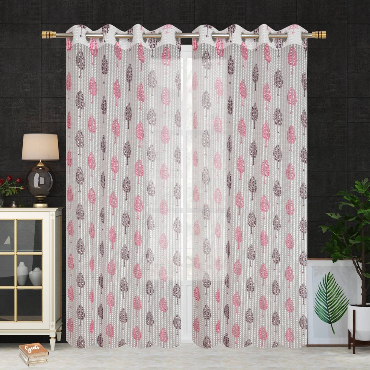 Homefab India Printed Transparent Eyelet Window Curtain 5ft (Pack of 2) - Pink
