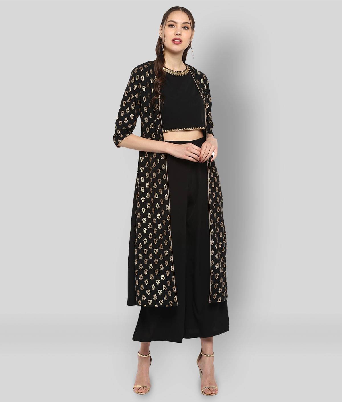 Janasya Women Crepe Printed Straight Kurti With Palazzo ( Black ) Janasya Women Crepe Printed Straight Kurti With Palazzo ( Black )