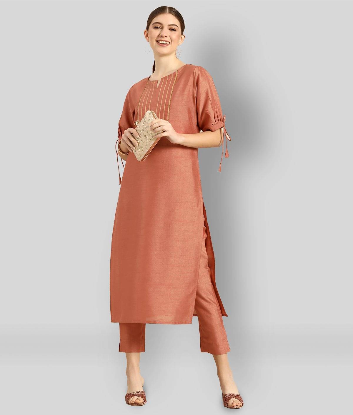     			Janasya - Peach Straight Silk Women's Stitched Salwar Suit ( Pack of 1 )