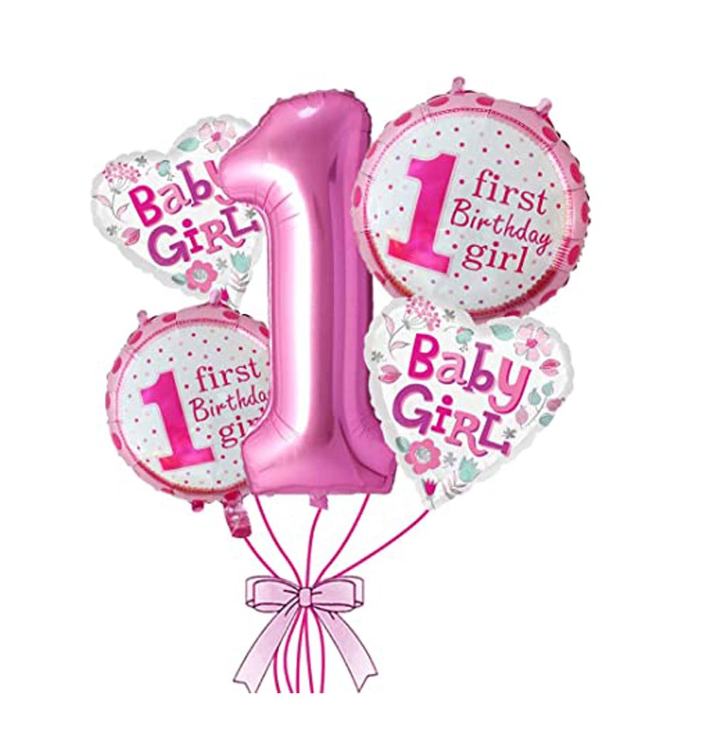     			Kiran Enterprises 1st Birthday Girl Theme Foil Balloon Set, Pink -Pack of 5 Piece