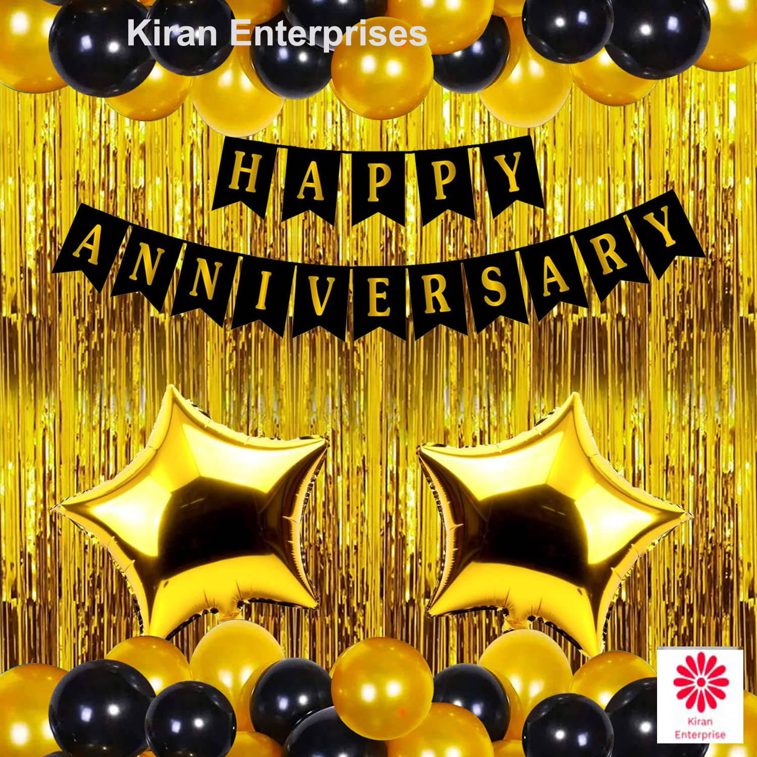     			Kiran Enterprises Happy Anniversary Banner ( Black )+ 2 Star Foil ( Gold ) + 2 Fringe Curtain ( Gold ) + 30 Metallic Balloon ( Black, Gold )