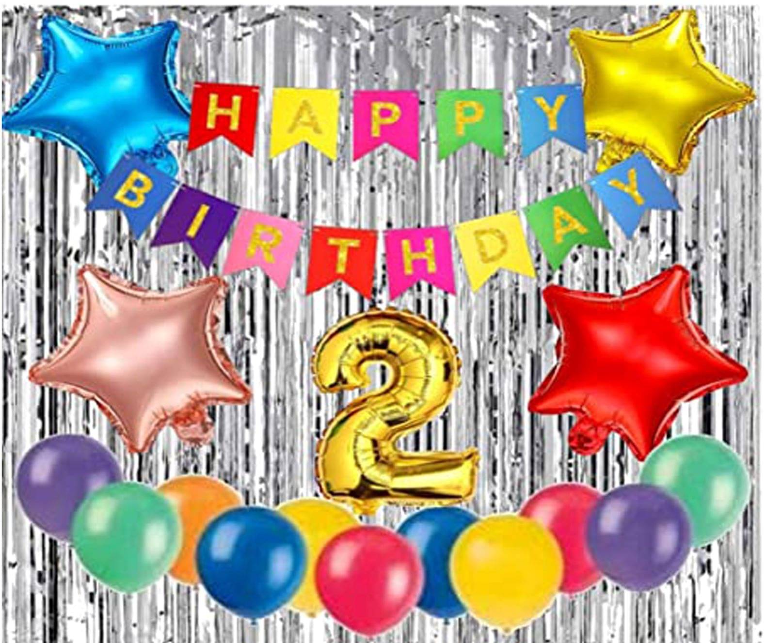     			Kiran Enterprises Happy Birthday Banner ( Multi ) + 4 pc. Foil Star ( Multi ) +2 Number Foil ( Gold ) + 2 Fringe Curtain ( Silver ) + 30 Metallic Balloon ( Multi )