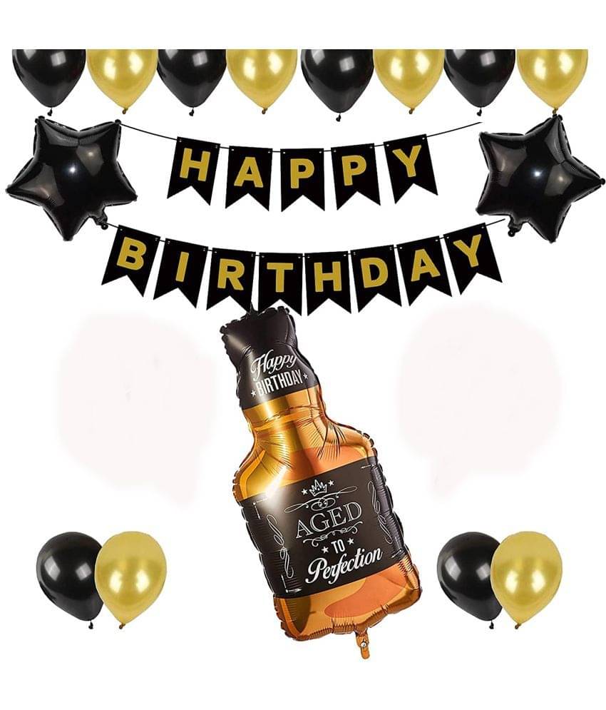     			Kiran Enterprises Happy Birthday Banner ( Black ) + 2 Star Foil ( Black ) + Foil Black Bottle Balloon + 30 Metallic Balloon ( Black, Gold )