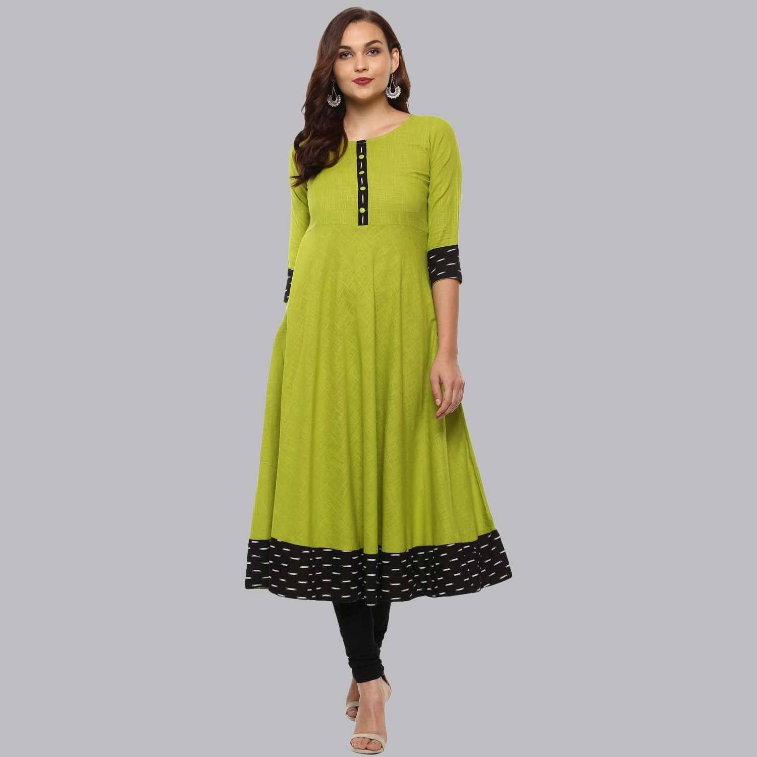 Yash Gallery - Green Cotton Women's Flared Kurti ( Pack of 1 ) Yash Gallery - Green Cotton Women's Flared Kurti ( Pack of 1 )