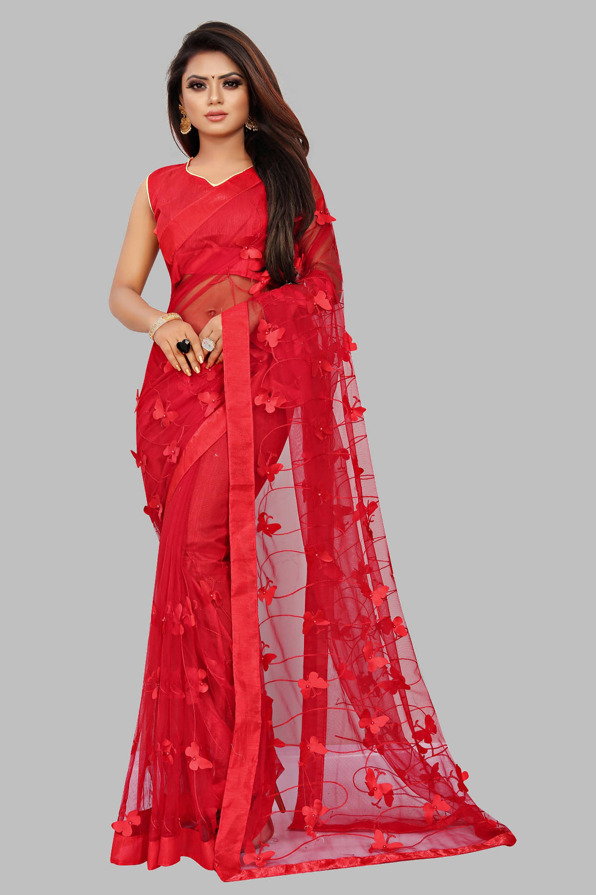     			Gazal Fashions Net Embroidered Saree With Unstitched Blouse Piece ( Red )