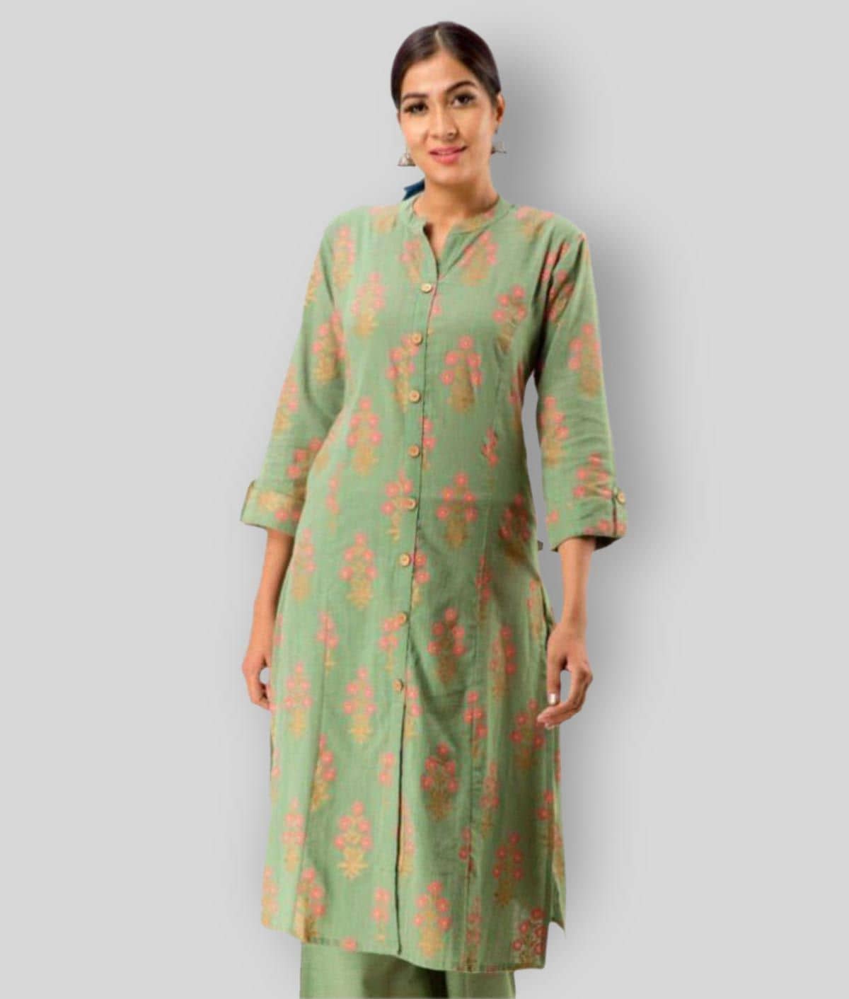 Pistaa - Green Cotton Women's Front Slit Kurti ( Pack of 1 ) - Kurtis, Tunics | Buy online on ZillyBuy