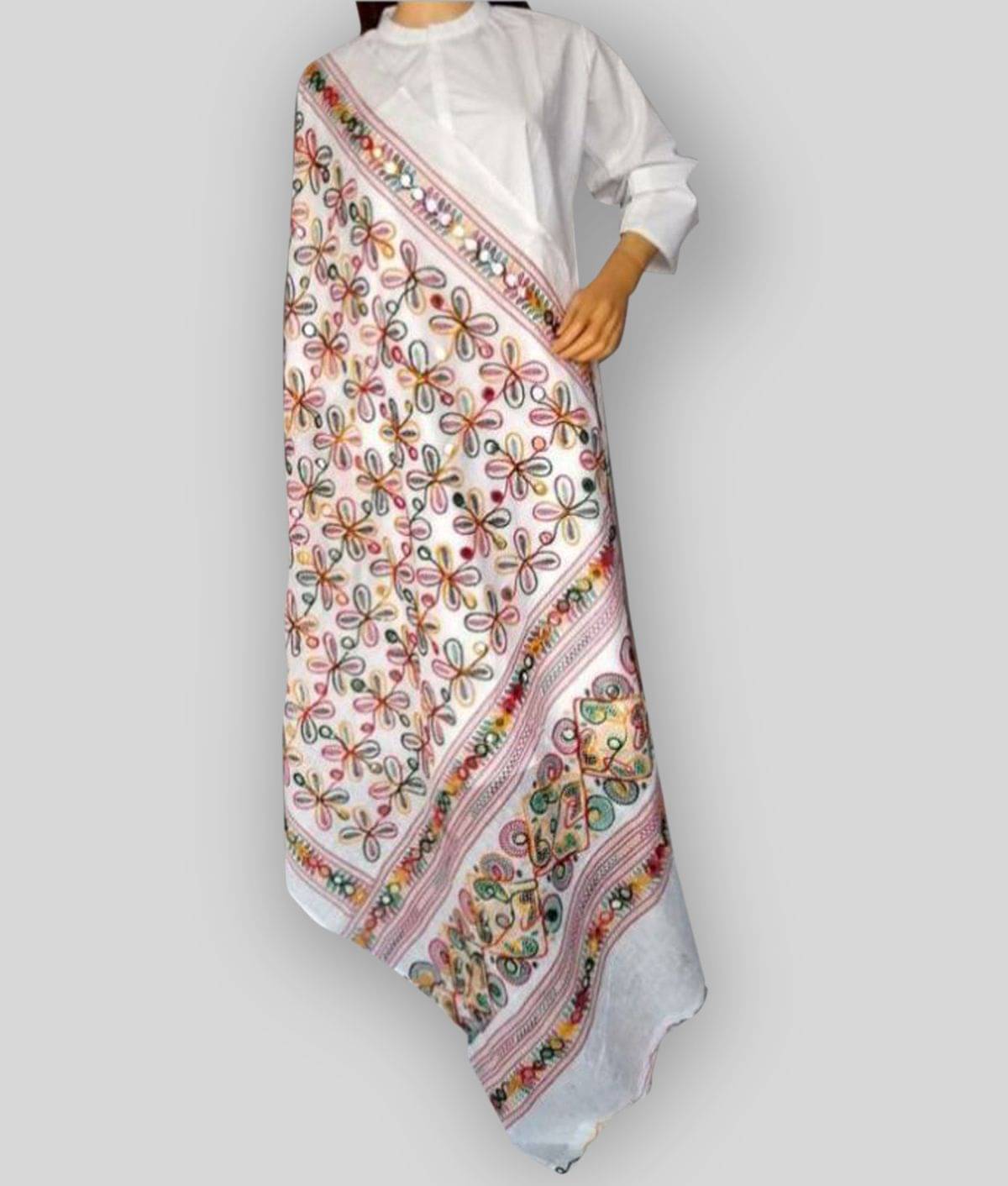     			Raj White Cotton Kutch Embroidered Dupatta