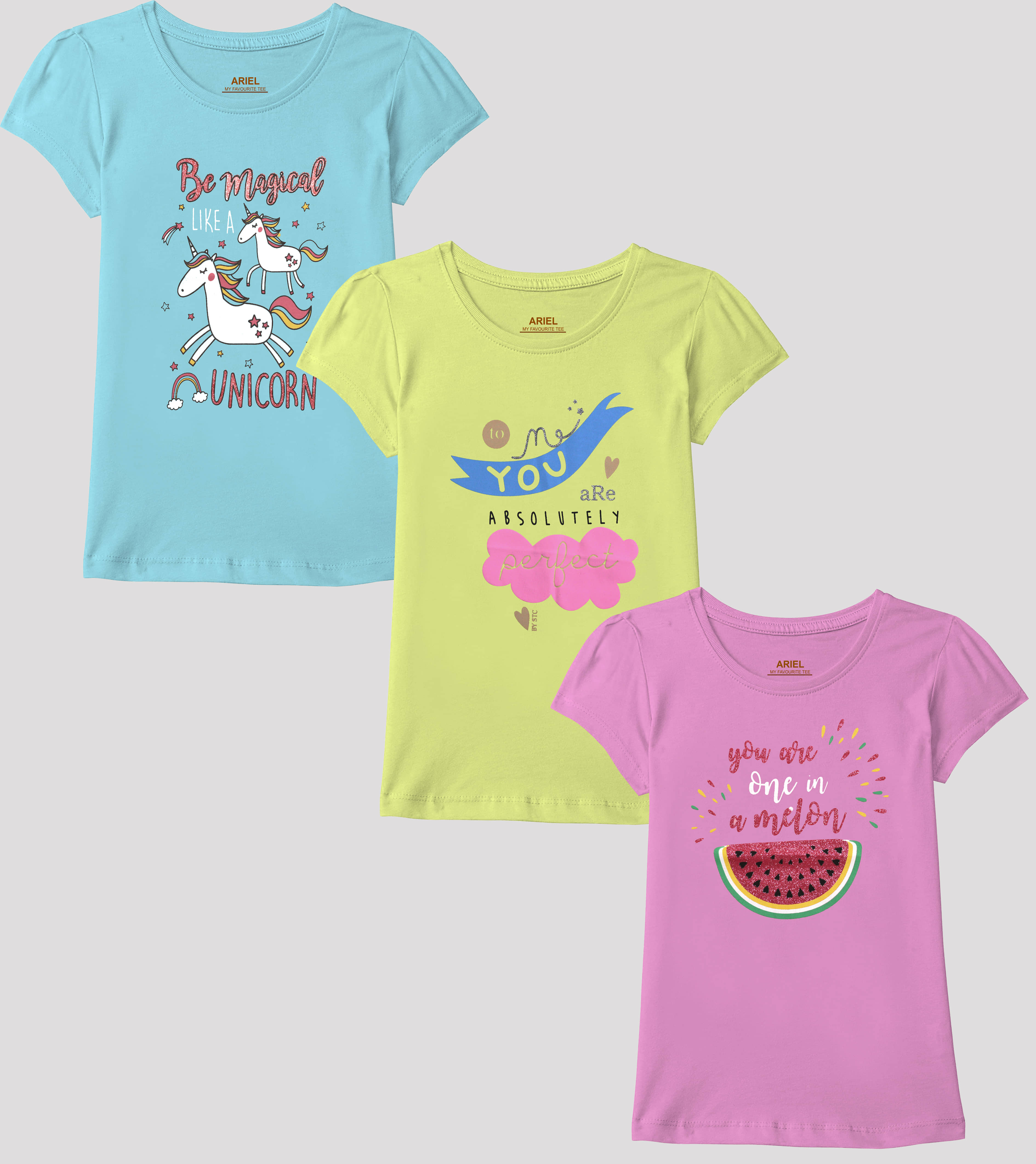 Ariel Pack of 3 Girls Cotton T-Shirt ( Multicolor )