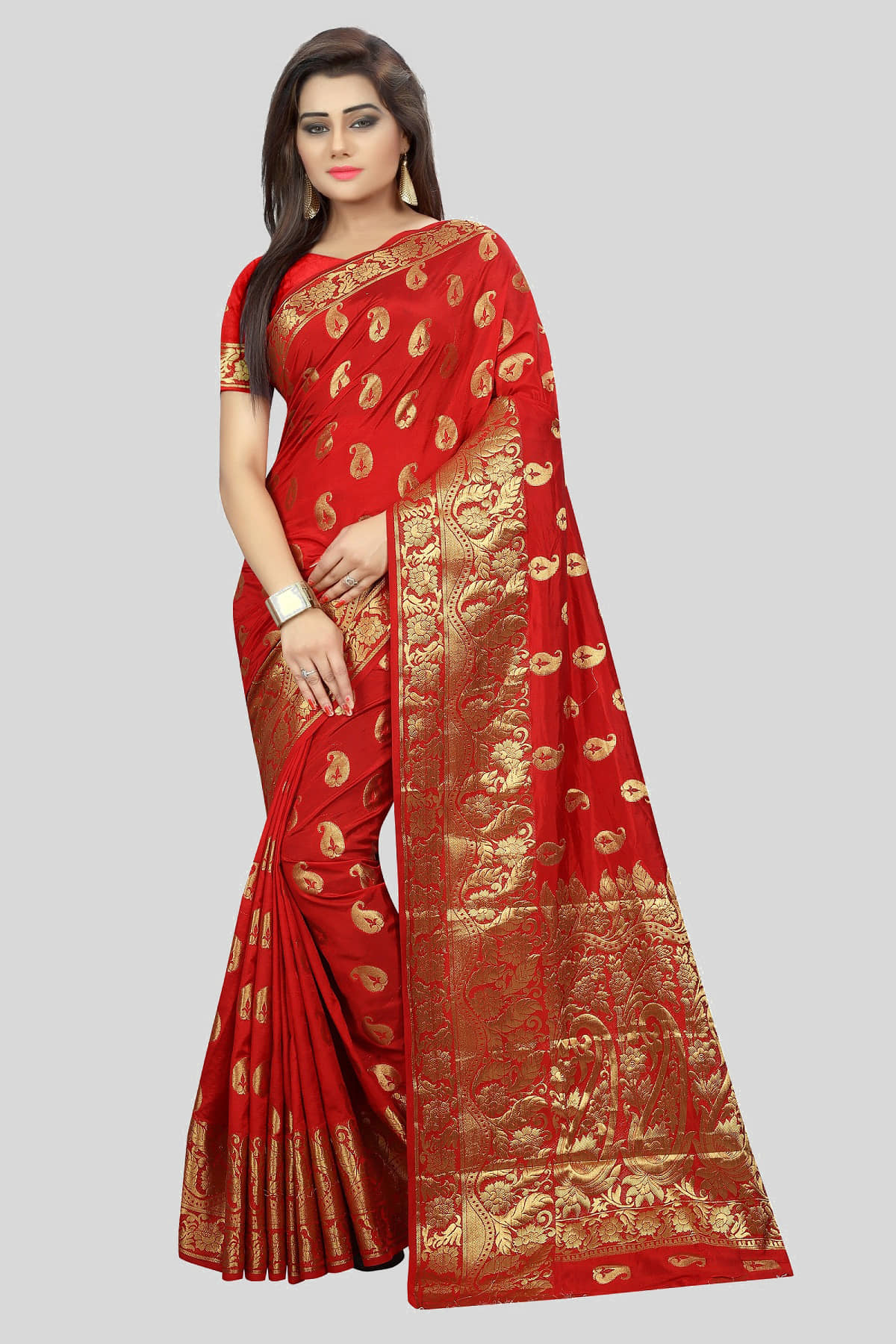 Gazal Fashions Banarasi Silk Embellished Saree With Unstitched Blouse Piece ( Red ) - Sarees | Buy online on ZillyBuy