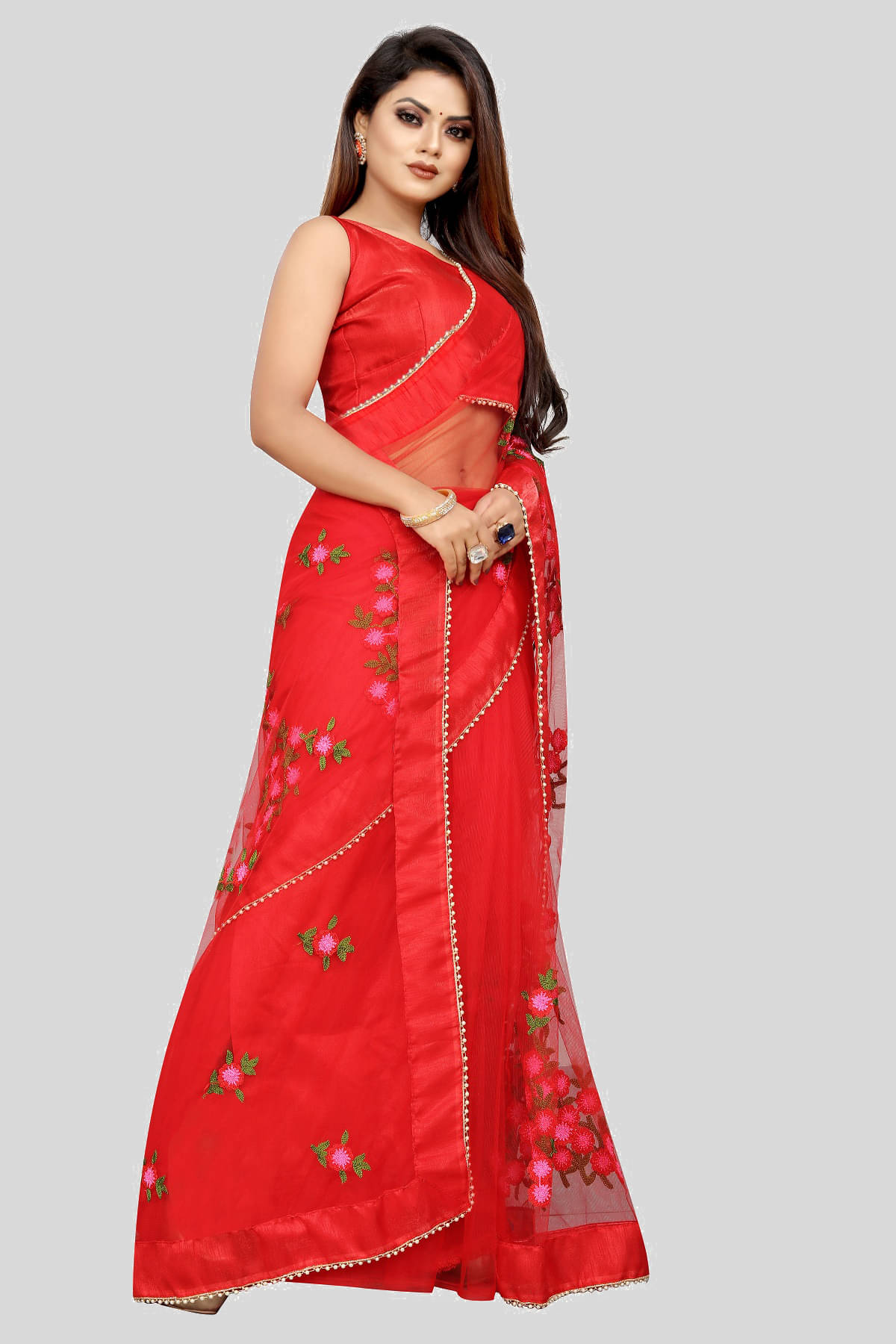 Gazal Fashions Net Embroidered Saree With Unstitched Blouse Piece ( Red ) Gazal Fashions Net Embroidered Saree With Unstitched Blouse Piece ( Red )