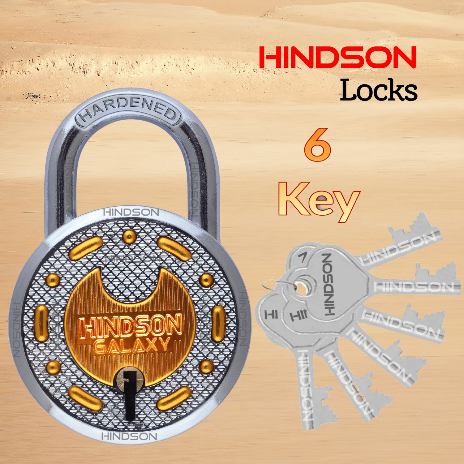 HINDSON Galaxy Brass Lock and Key Link Round 65mm with 6 Key, Steel Double Locking, 8 Lever Padlock for Door, Gate, Shutter ( Finish Gold )