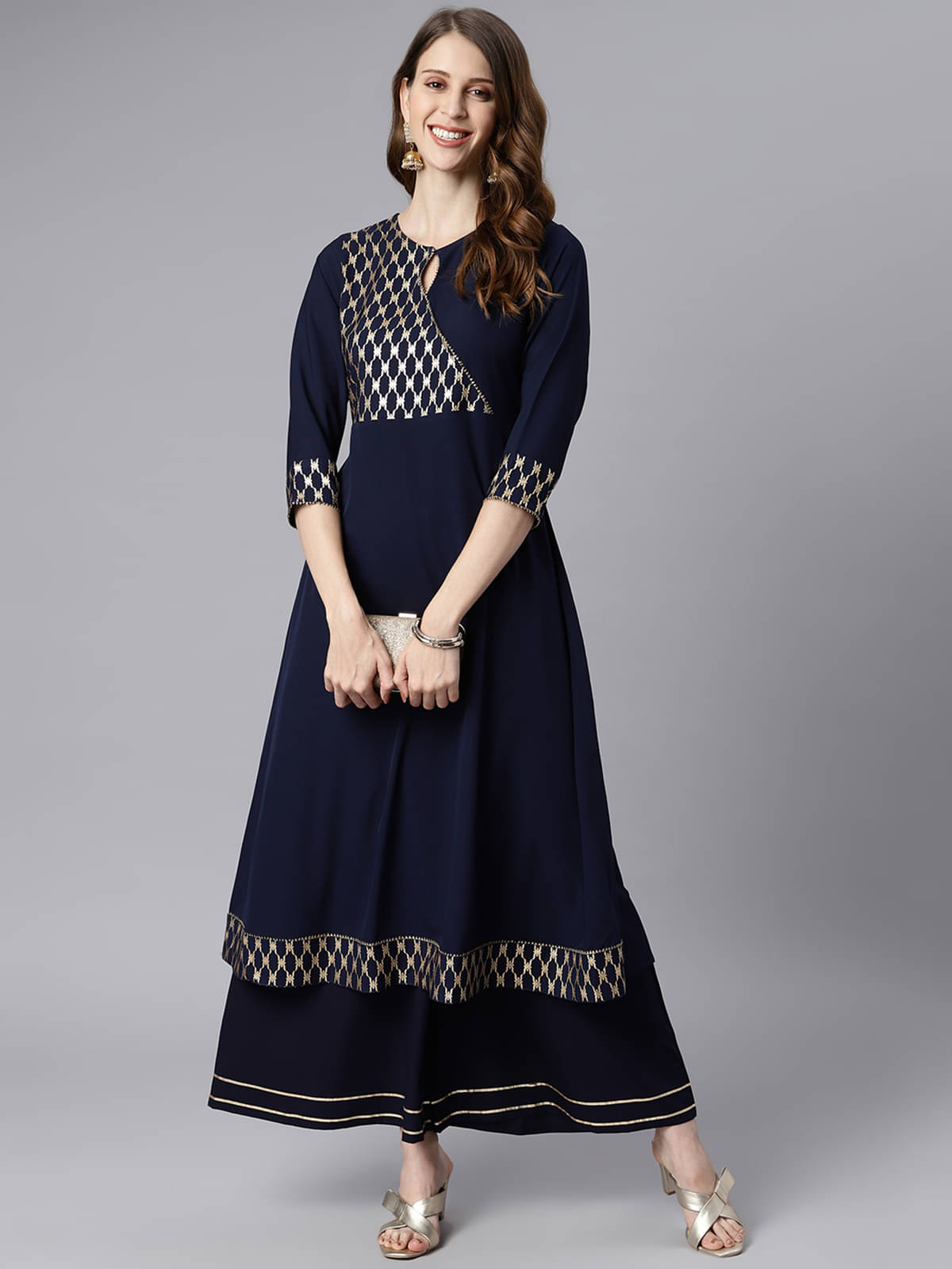     			Janasya - Navy Crepe Women's Double Layered Kurti ( Pack of 1 )