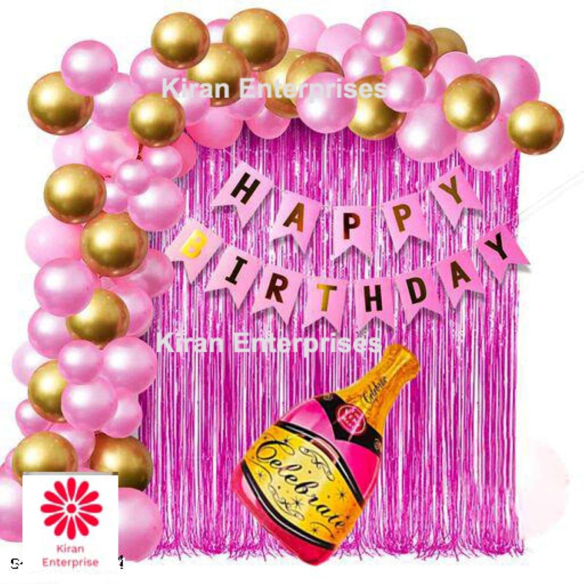     			Kiran Enterprises Happy Birthday Banner ( Pink )+ Foil Bottle Balloon ( Pink ) ) + 2 Fringe Curtain ( Pink ) + 30 Metallic Balloon ( Pink, Gold )