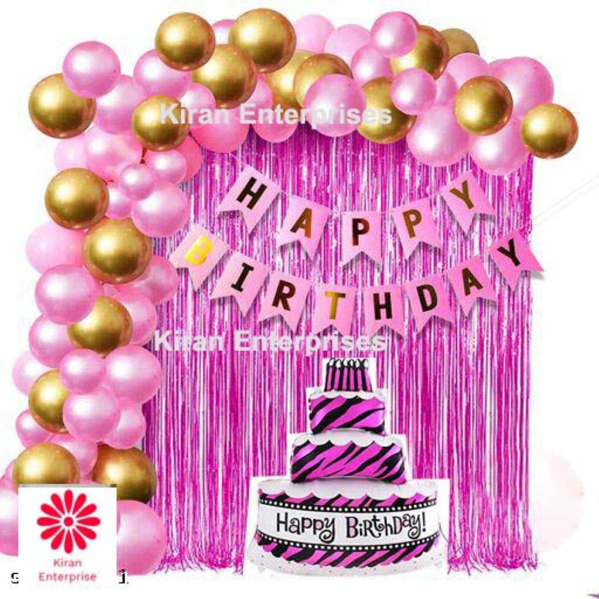     			Kiran Enterprises Happy Birthday Banner ( Pink ) + Foil Cake Balloon ( Pink ) + 2 Fringe Curtain ( Pink ) + 30 Metallic Balloon ( Pink, Gold )