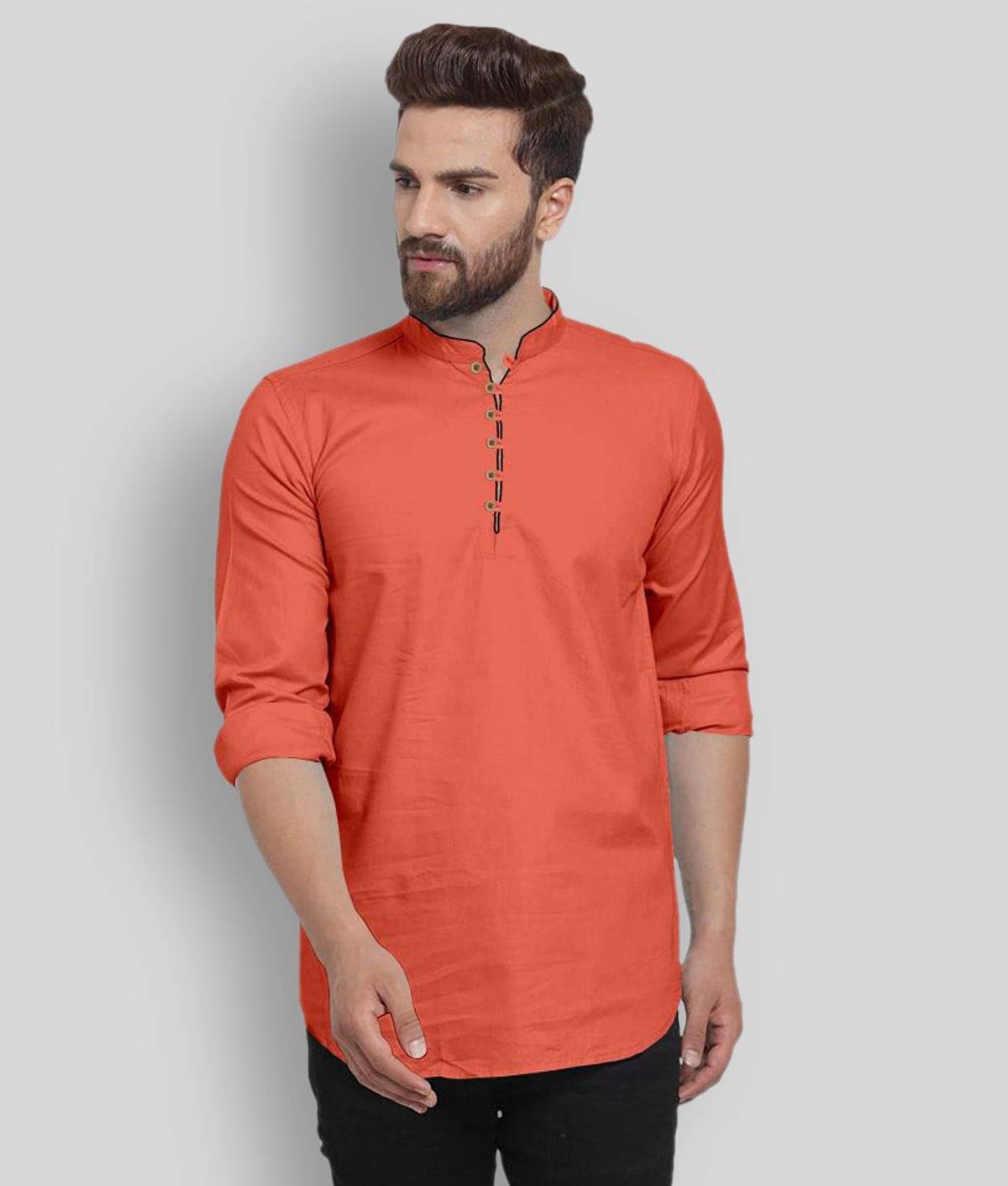 P&V CREATIONS - Orange Cotton Men's Shirt Style Kurta ( Pack of 1 )     			P&V CREATIONS - Orange Cotton Men's Shirt Style Kurta ( Pack of 1 )