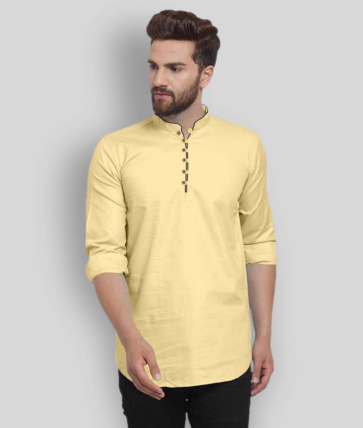 P&V CREATIONS - Yellow Cotton Men's Shirt Style Kurta ( Pack of 1 ) P&V CREATIONS - Yellow Cotton Men's Shirt Style Kurta ( Pack of 1 )
