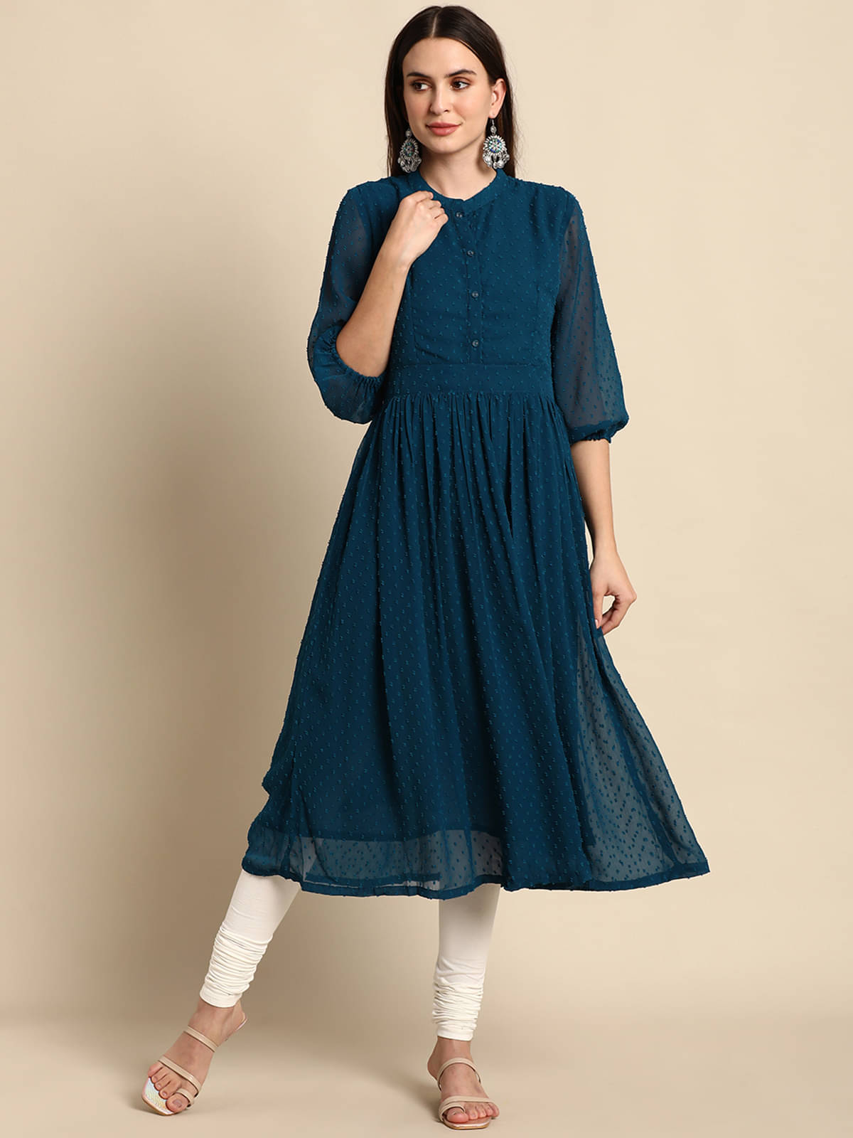     			Janasya - Blue Chiffon Women's Flared Kurti ( Pack of 1 )