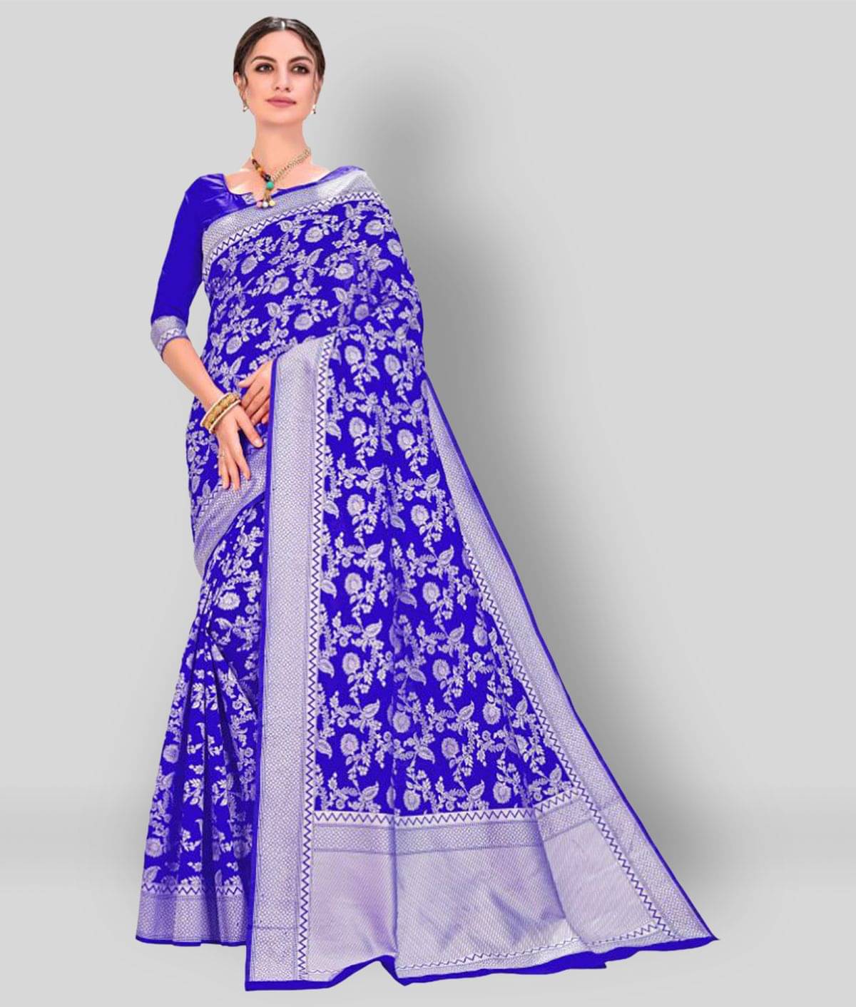 Dressy Banarasi Silk Printed Saree With Unstitched Blouse Piece ( Blue ) Dressy Banarasi Silk Printed Saree With Unstitched Blouse Piece ( Blue )
