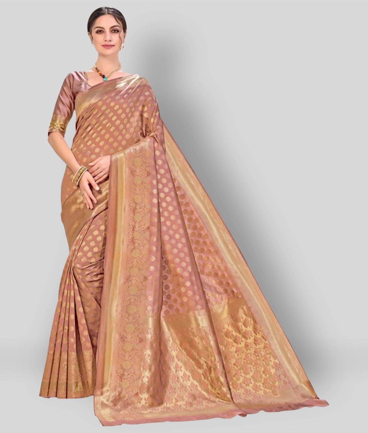 Dressy Banarasi Silk Printed Saree With Unstitched Blouse Piece ( Brown ) Dressy Banarasi Silk Printed Saree With Unstitched Blouse Piece ( Brown )