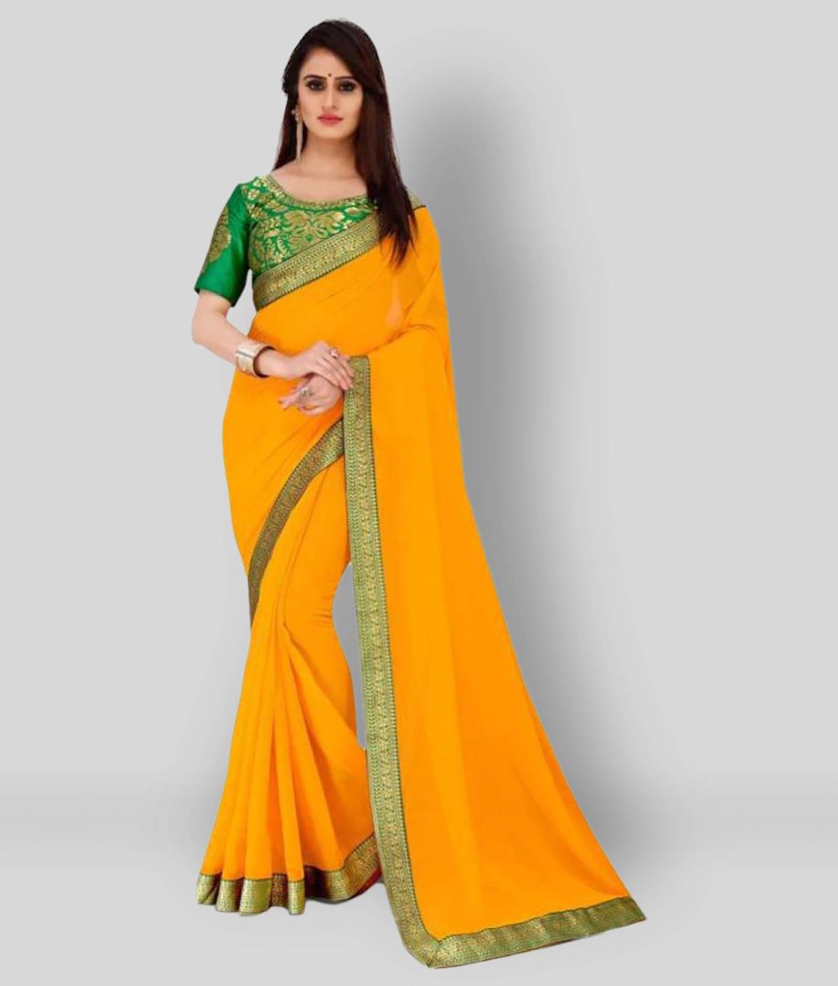 ANAND SAREES Chiffon Solid Saree With Unstitched Blouse Piece ( Yellow )     			ANAND SAREES Chiffon Solid Saree With Unstitched Blouse Piece ( Yellow )