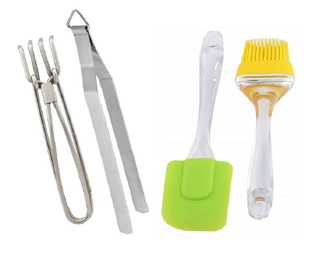 Dynore - Silver Stainless Steel Chimta pakkad oil brush and spatula ( Pack 4 ) Dynore - Silver Stainless Steel Chimta pakkad oil brush and spatula ( Pack 4 )