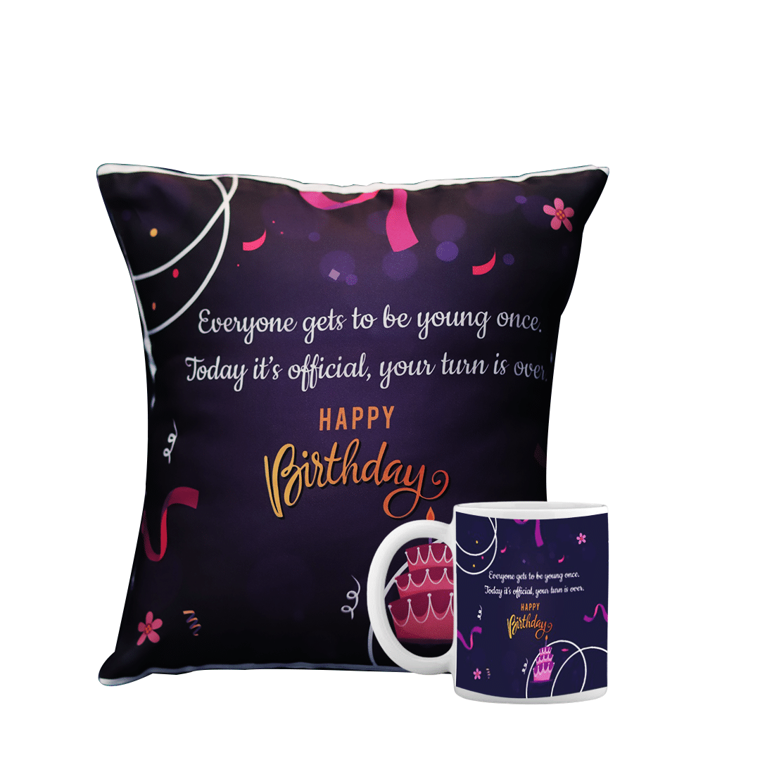     			Ros - Happy Birthday Printed Gifting Cushion With Filler Purple (12X12 Inch) With Coffee Mug
