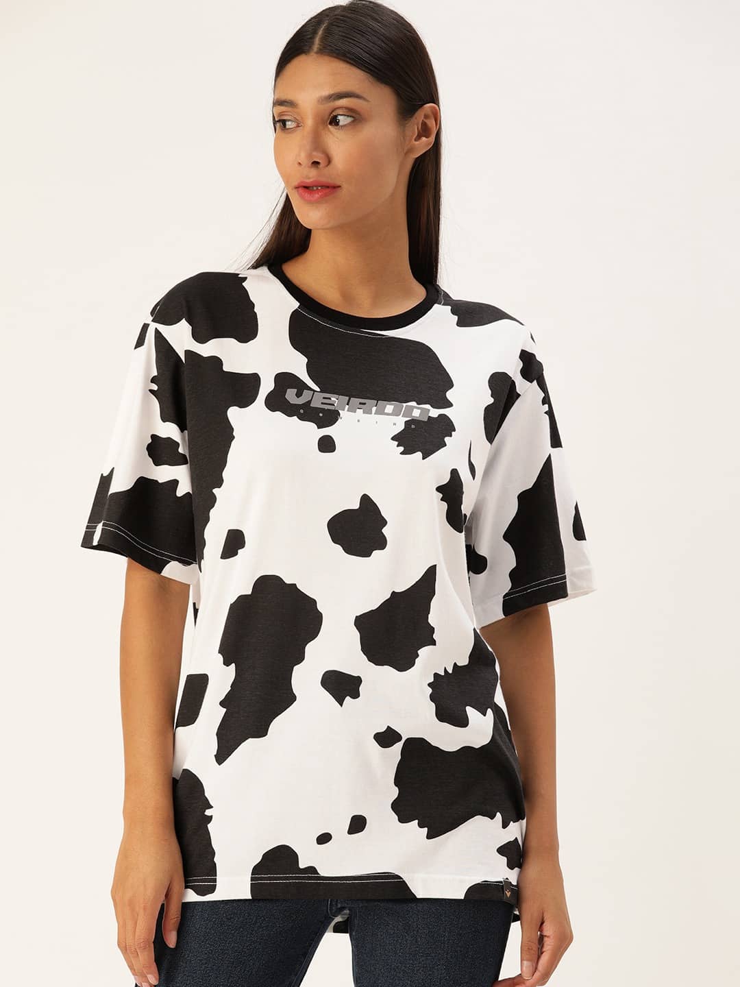 JUNEBERRY Women Cotton Printed Oversized Fit Round Neck T-Shirt ( White )