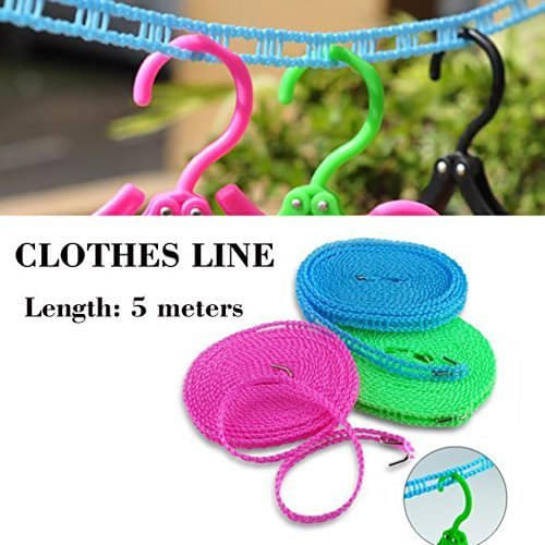     			5 Meters Windproof Anti-Slip Clothes Washing Line Drying Nylon Rope with Hooks