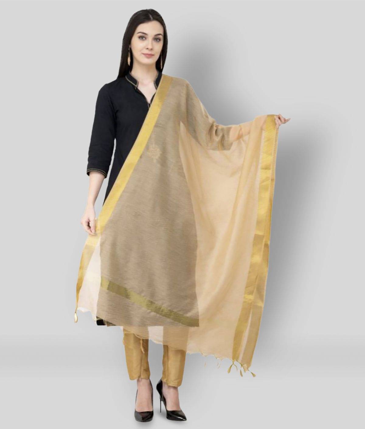     			A R Silk Gold Chanderi Hand Embroidered Dupatta